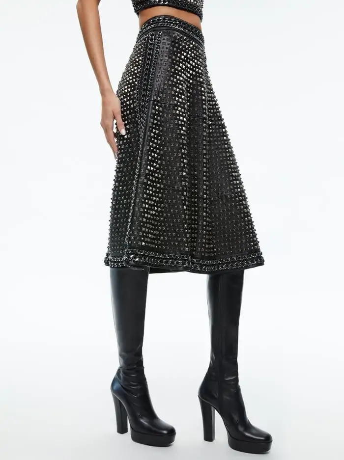 SOSIE STUDDED LEATHER MIDI SKIRT